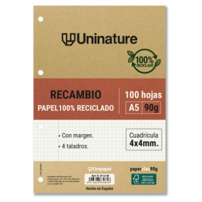 RECAMBIO RECICLADO A5 100 HOJAS 90GR CUADRICULA 4X4 MM CON TALADROS UNINATURE 53393400 (Espera 4 dias)