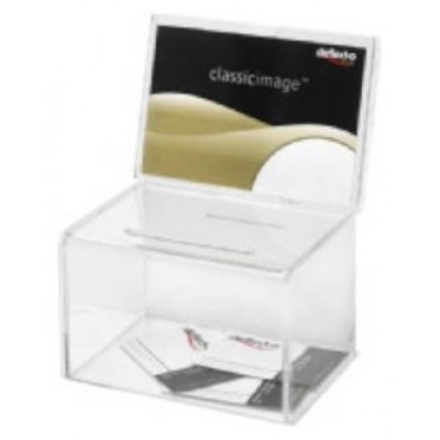 CAJA PARA SUGERENCIAS O PROPINAS SIN LLAVE CON EXPOSITOR 16,5X11 CM TRANSPARENTE DEFLECTO 592901 (Espera 4 dias)