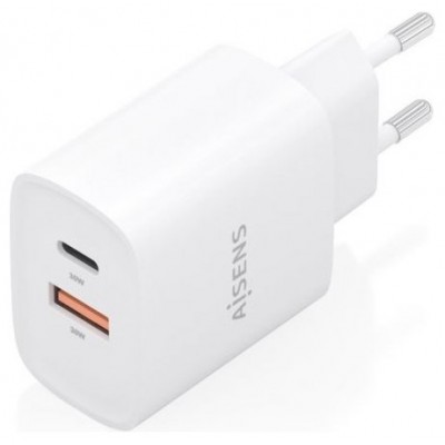 AISENS - CARGADOR GaN 30W, 1xUSB-C PD3.0 QC4.0, 1xUSB-A QC3.0, BLANCO