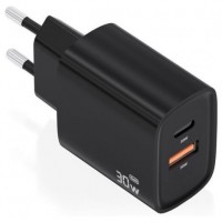 AISENS - CARGADOR GaN 30W, 1xUSB-C PD3.0 QC4.0, 1xUSB-A QC3.0, NEGRO