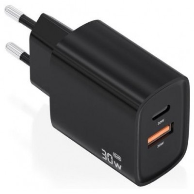 AISENS - CARGADOR GaN 30W, 1xUSB-C PD3.0 QC4.0, 1xUSB-A QC3.0, NEGRO