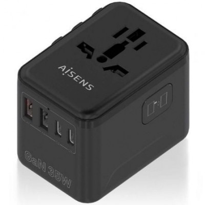 AISENS - ADAPTADOR ENCHUFE UNIVERSAL PARA VIAJE EU/USA/UK/AU CON CARGADOR USB GaN, 2xUSB-A (A1 QC3.0), 3xUSB-C (C1 PD3.0) 35W, NEGRO