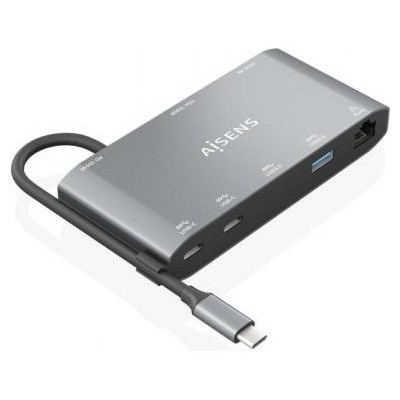 AISENS - USB-C DOCK 8 EN 1, USB-C A 1xHDMI, 1xVGA, 1xRJ45, 2xUSB-A, 2xUSB-C 5G, 1xUSB-C PD, GRIS, 20CM