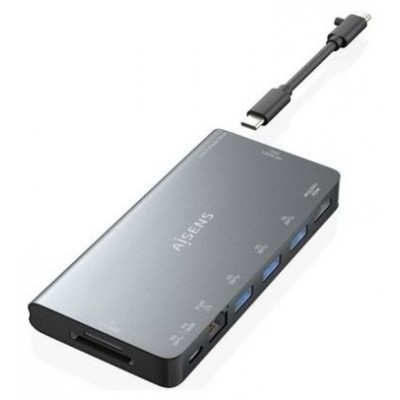 AISENS - USB-C DOCK 8 EN 1, USB-C A 1xHDMI, 1xRJ45, 3xUSB-A, 1xUSB-C DATOS+PD, 1xSD, 1xMICRO SD, GRIS, 10CM