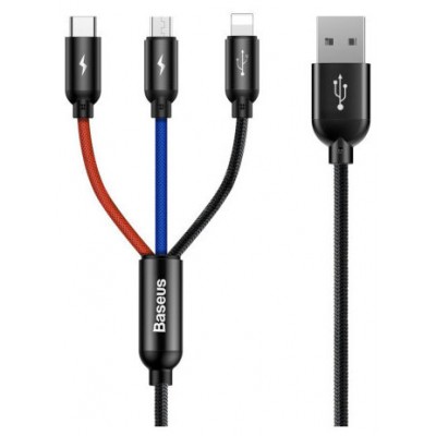 BASEUS THREE PRIMARY COLORS 3-IN-1 CABLE USB FOR M+L+T 3.5A 1.2M BLACK (Espera 4 dias)