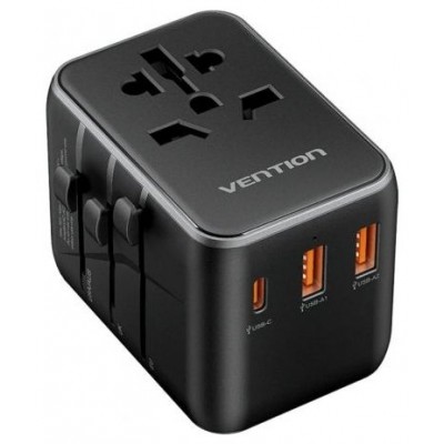 CARGADOR PARED UNIVERSAL TOMA DE CORRIENTE/USB-C/2xUSB-A 65W NEGRO VENTION (Espera 4 dias)