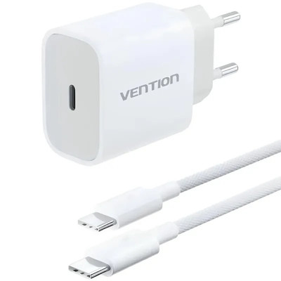 CARGADOR PARED 20W USB-C + CABLE USB-C BLANCO VENTION (Espera 4 dias)