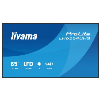 MONITOR IIYAMA 65" 3840X2160, UHD VA DLED PANEL, HAZE 25% 500CD/M&sup2;, LANDSCAPE AND PORTRAIT, SPEAKERS 2X 10W, 2X HDMIX 1X USB-C , USB 2.0 X2, WIFI, LAN, MEDIA PLAY USB PORT, CONTROL LAN / RS232C, IISIGNAGE2 (CMS/DMS), ANDROID 14 (LH654UHS-B1AG) (