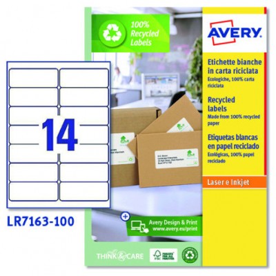 CAJA 100 ETIQUETAS BLANCAS RECICLADAS - QUICKPEEL - IMPRESORAS LÁSER 99,1X38,1MM - 14 ETIQUETAS POR HOJA AVERY LR7163-100 (Espera 4 dias)