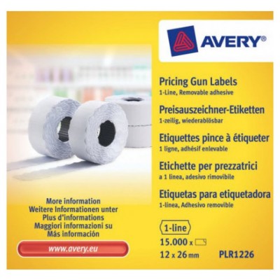 PACK 10 ROLLOS DE ETIQUETAS BLANCAS-DESPEGABLES DE 1 LÍNEA-1.500 ETIQUETAS 12X26MM POR ROLLO AVERY PLR1226 (Espera 4 dias)