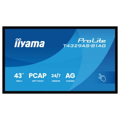 MONITOR IIYAMA 43" ALL-IN-ONE PCAP INTERACTIVE/ ANDROID 14 OS/ 3840 x 2160/ 450CD/M&sup2; WITH TOUCH/ HDMI X2 + USB-C/RS-232C X1/ WiFi 5 - 2.4G / 5G/ RAM: 4GB, ROM: 32GB/ TOUCH THROUGH-GLASS (T4329AS-B1AG) (Espera 4 dias)